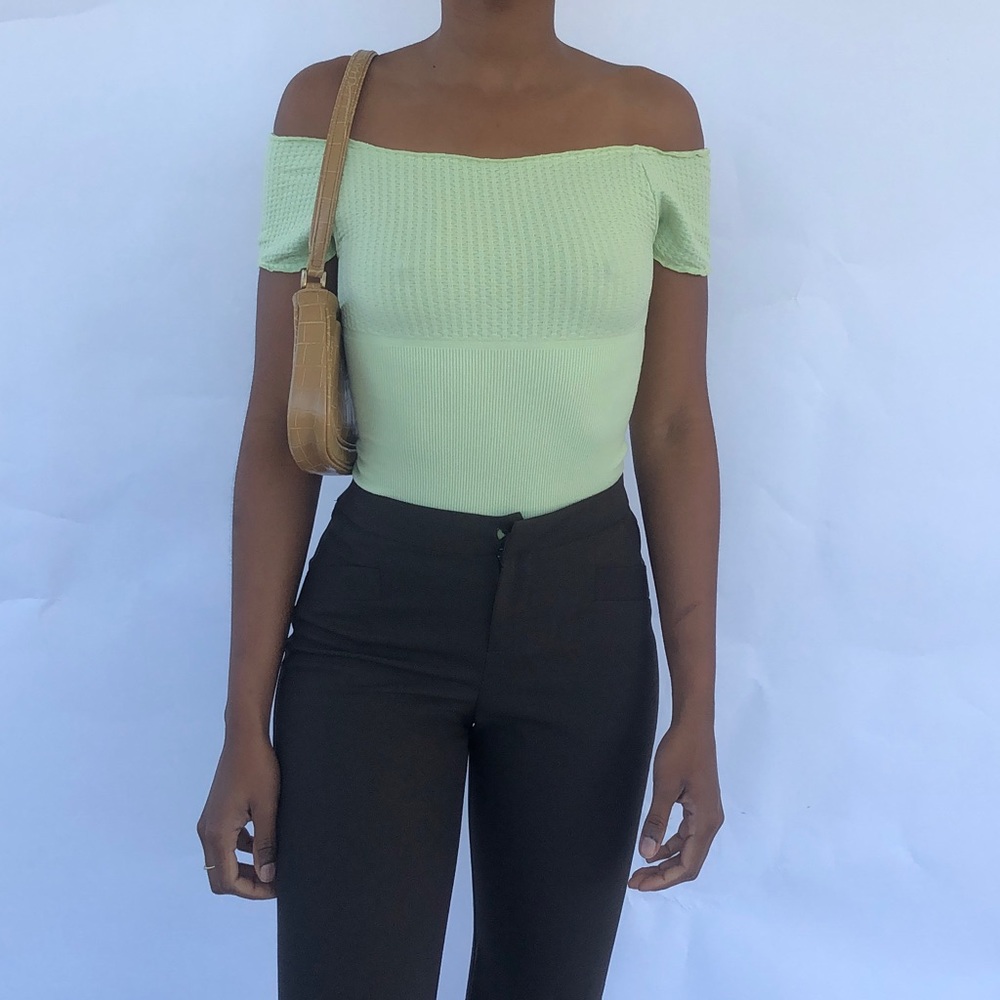 Cinched off the shoulder green top